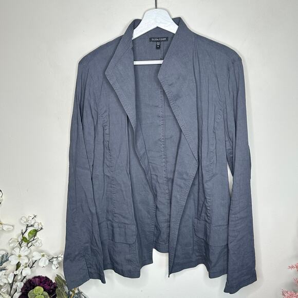 EILEEN FISHER Stand Collar Linen Open Front Jacket Steel Gray {3S24} - Picture 2 of 5